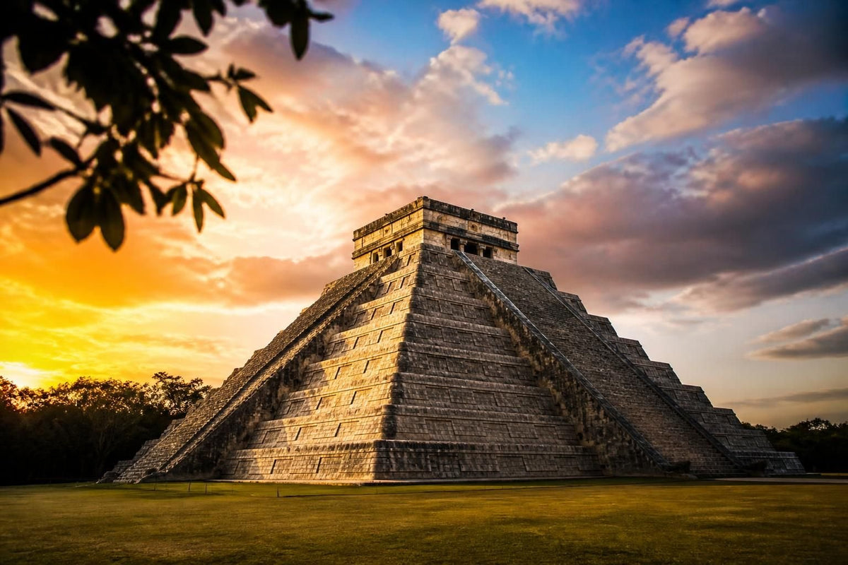 Ancient Mayan pyramid of El Castillo at Chichén Itzá under a clear blue sky in Yucatán, Mexico