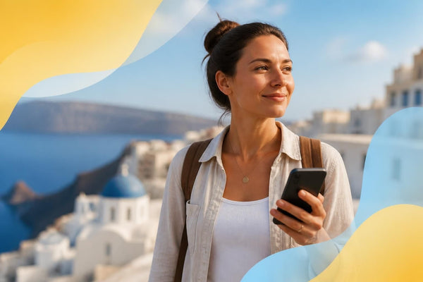Traveller holding a smartphone showing a slow-loading map on a busy city street, illustrating slow eSIM data speeds abroad