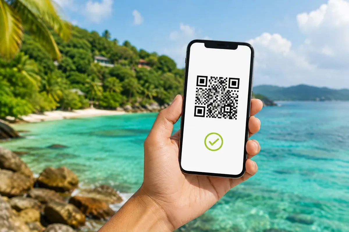 Telefono tenuto in mano, con un codice QR eSIM sullo schermo di fronte a una spiaggia tropicale