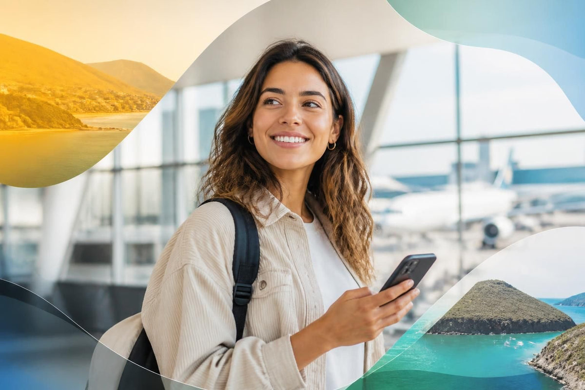 Smartphone screen showing three travel eSIM plan options side by side with a boarding pass and passport on a table
