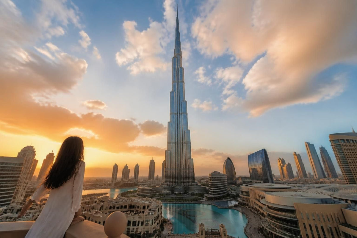 The Burj Khalifa rising above Downtown Dubai at dusk, with the Dubai Fountain and city skyline in the foreground
