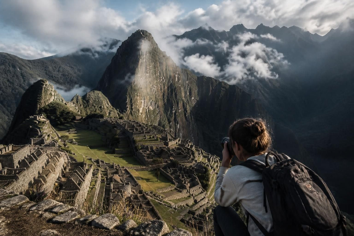 The stone terraces and Huayna Picchu peak of Machu Picchu emerging from morning mist in the Peruvian Andes