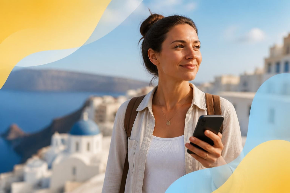 Traveller holding a smartphone showing a slow-loading map on a busy city street, illustrating slow eSIM data speeds abroad
