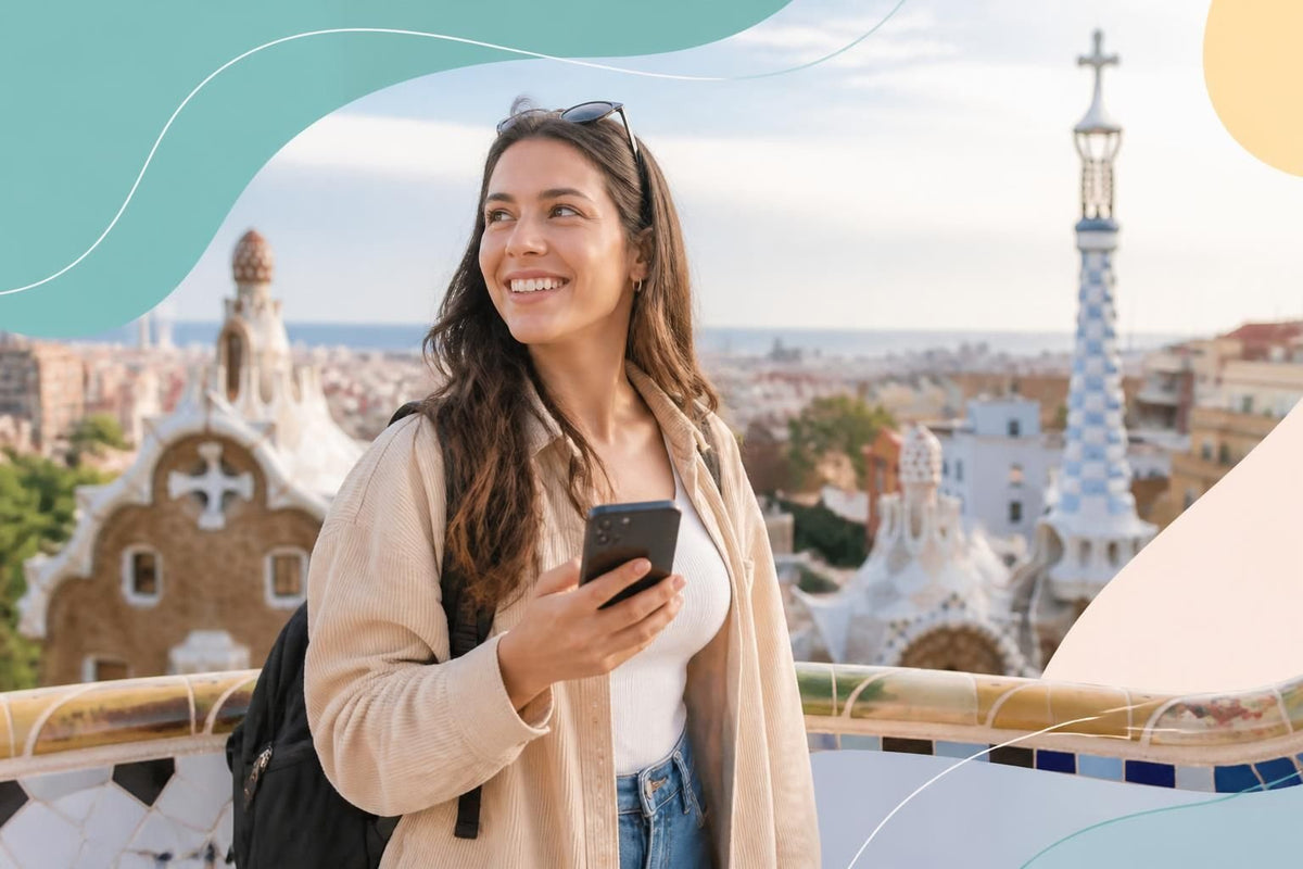 Traveller checking mobile data usage on a smartphone while walking through a European city square during a one-week city break