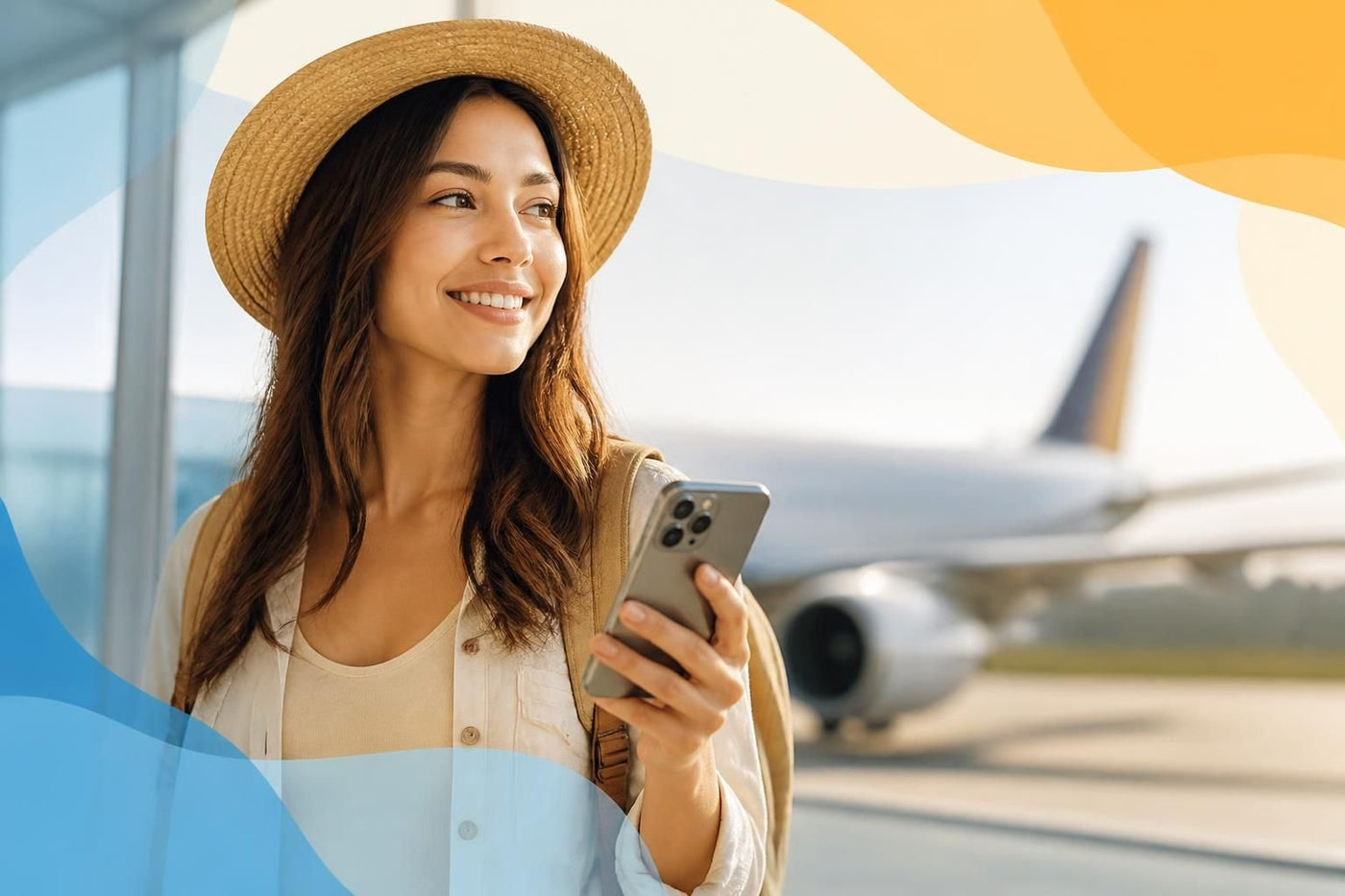 An iPhone 17 held in one hand showing the iOS 26 Mobile Service settings screen with an eSIM travel plan being added