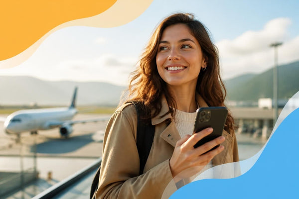 Close-up of a smartphone screen showing the eSIM settings menu with an EID number, held in a traveller's hand at an airport departure gate
